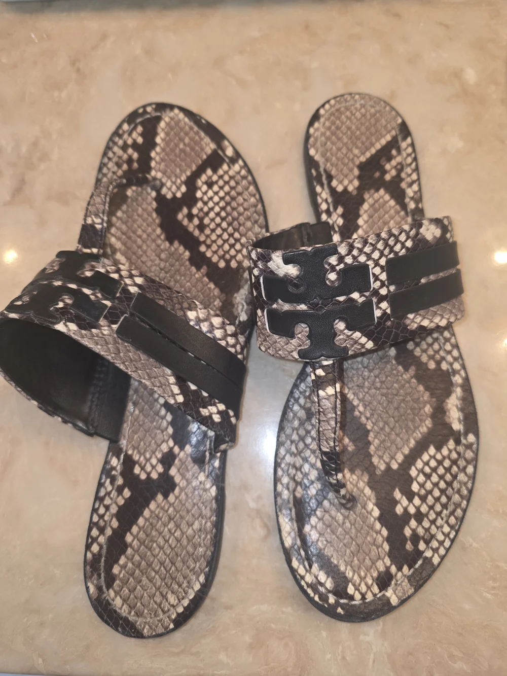 Tory Burch Snake-Print Slide Sandal with Black Trim